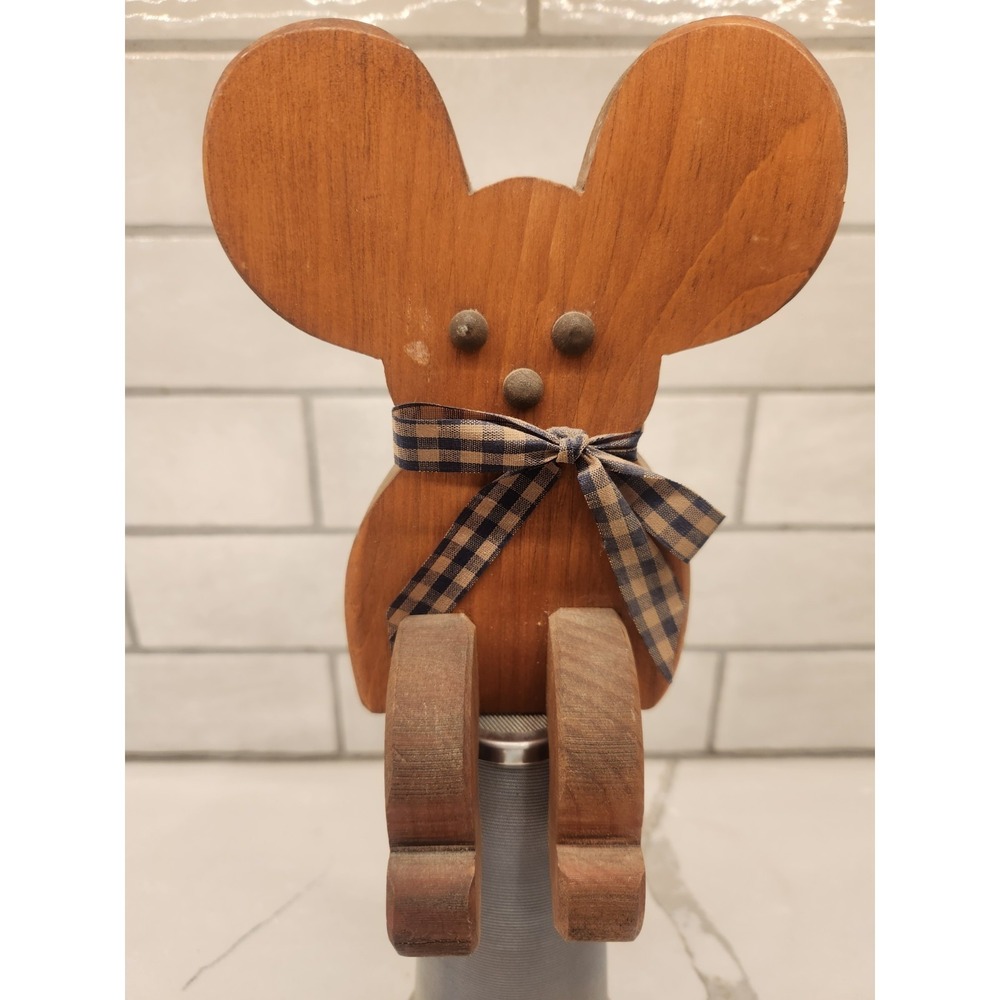 Vintage Mouse Wood Shelf Sitter Country Rustic Farmhouse Cottagecore W/Blue Bow